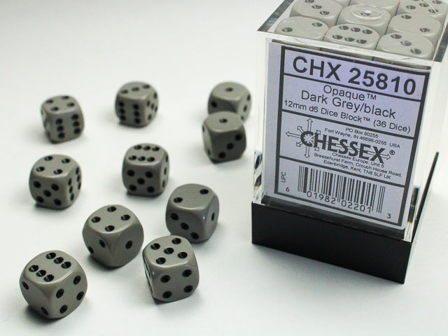Chessex 12mm 36 D6 Cube: Opaque Dark Grey/Black (25810) | Gauntlet Hobbies - Angola