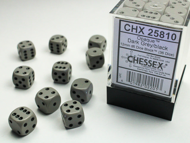 Chessex 12mm 36 D6 Cube: Opaque Dark Grey/Black (25810)