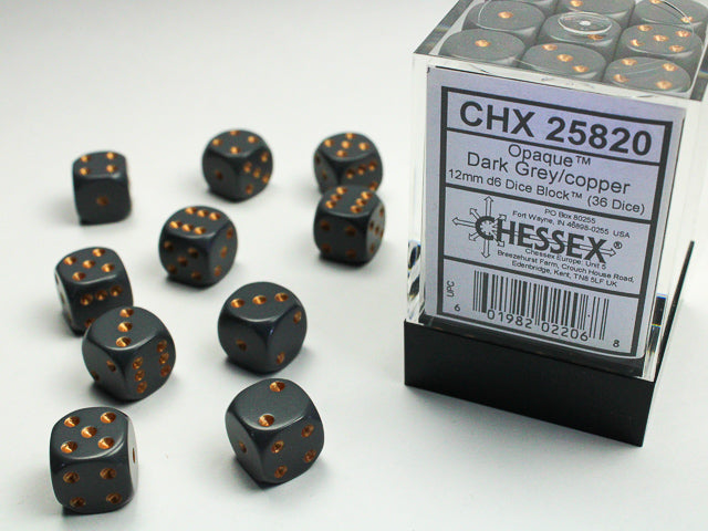 Chessex 12mm 36 D6 Cube: Opaque Dark Grey/Copper (25820) | Gauntlet Hobbies - Angola