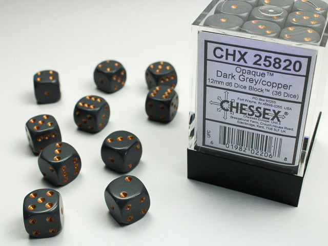 Chessex 12mm 36 D6 Cube: Opaque Dark Grey/Copper (25820)