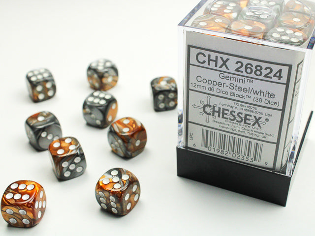 Chessex 12mm 36 D6 Cube: Gemini Copper-Steel/White (26824) | Gauntlet Hobbies - Angola