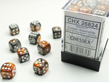 Chessex 12mm 36 D6 Cube: Gemini Copper-Steel/White (26824)