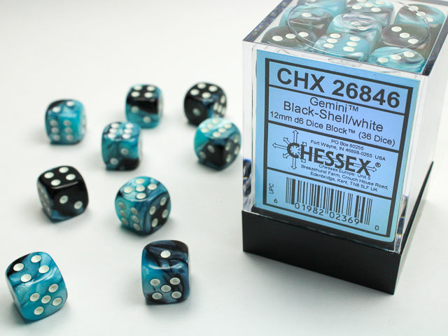 Chessex 12mm 36 D6 Cube: Gemini Black-Shell/White | Gauntlet Hobbies - Angola
