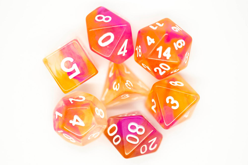 Old School Dice 7 set Nebula - Orange & Pink