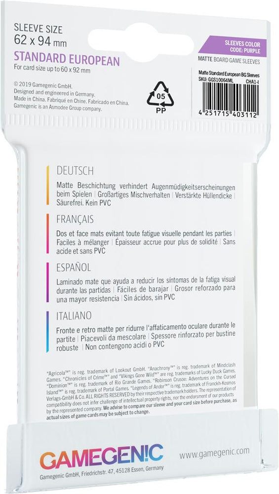 Gamegenic Board Game Sleeves Matte - Standard European 62 x 94mm 50ct