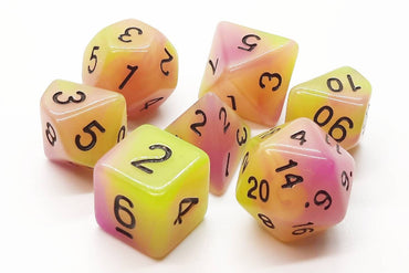 Old School Dice 7 set Glow Dice - Yellow & Purple