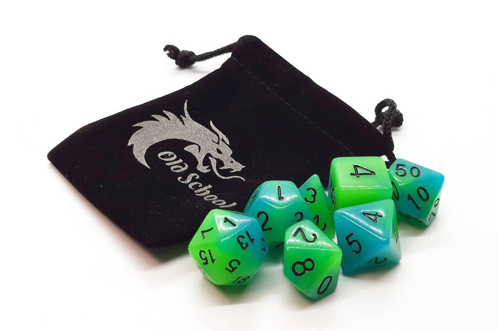 Old School Dice 7 set Glow Dice - Green & Blue