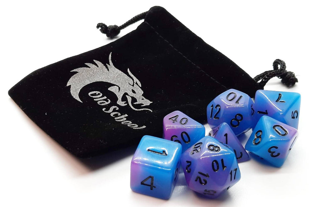 Old School Dice 7 set Glow Dice - Blue & Purple