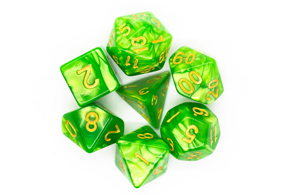 Old School Dice 7 set Pearl Drop - Light Green w/ Gold