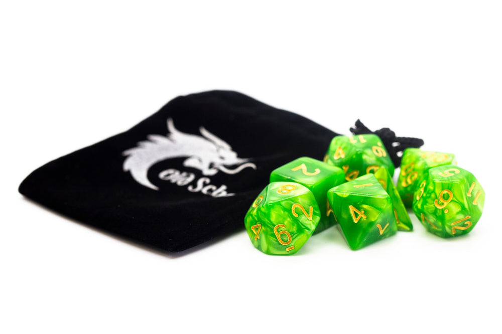 Old School Dice 7 set Pearl Drop - Light Green w/ Gold