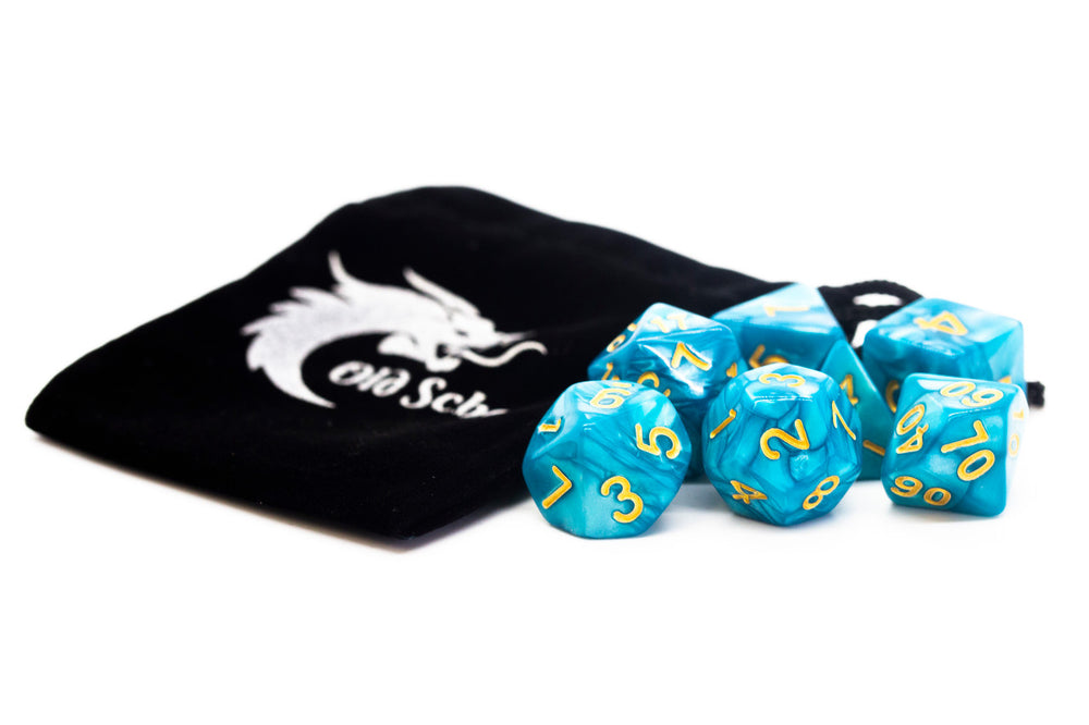 Old School Dice 7 set Pearl Drop - Ocean w/ Gold