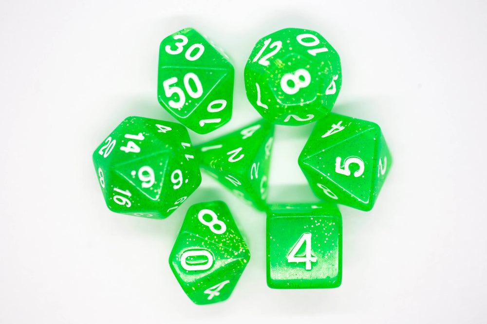 Old School Dice 7 set Sparkle - Translucent Light Green