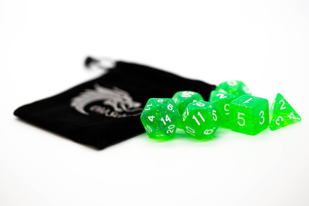 Old School Dice 7 set Sparkle - Translucent Light Green