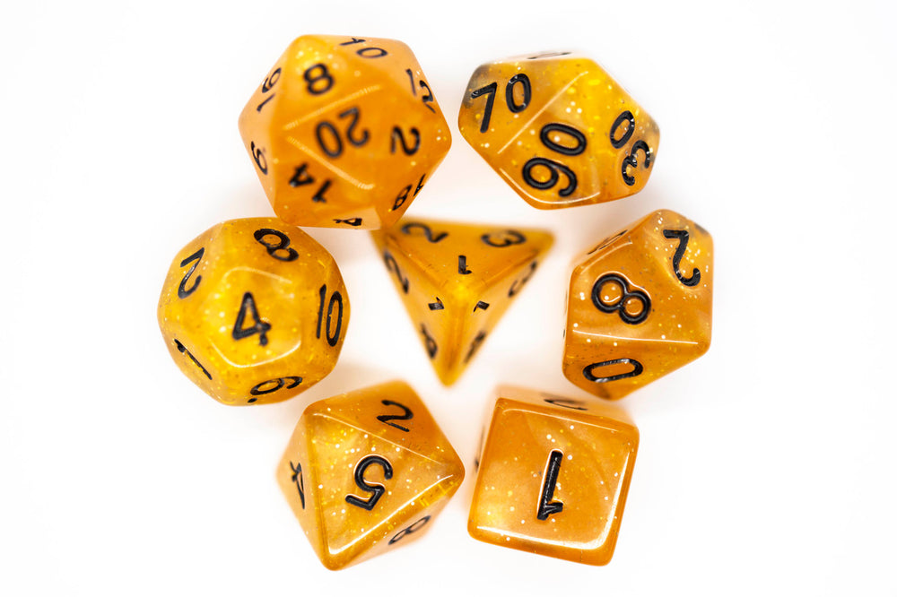 Old School Dice 7 set Sparkle - Translucent Orange w/ Black