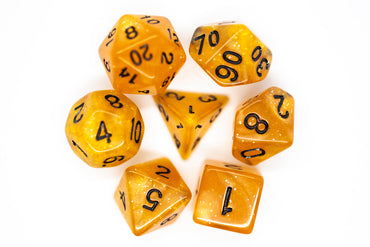 Old School Dice 7 set Sparkle - Translucent Orange w/ Black