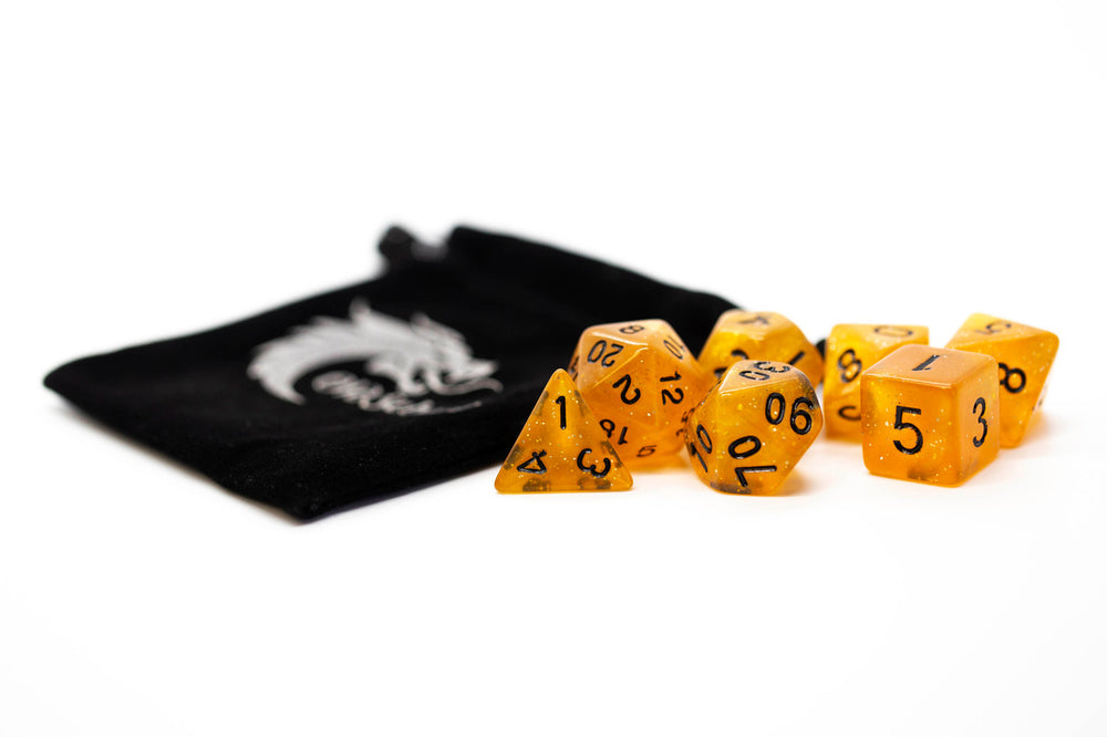 Old School Dice 7 set Sparkle - Translucent Orange w/ Black