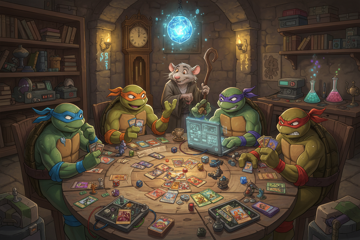 TNMT playing MTG with master splinter watching