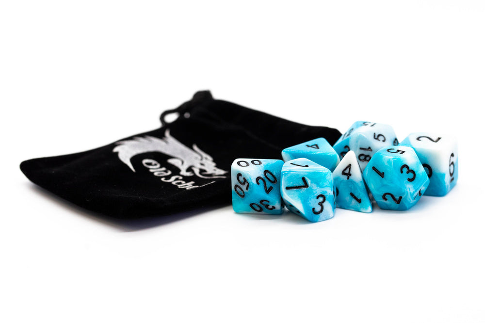 Old School Dice 7 set Vorpal - Baby Blue & White w/ Black