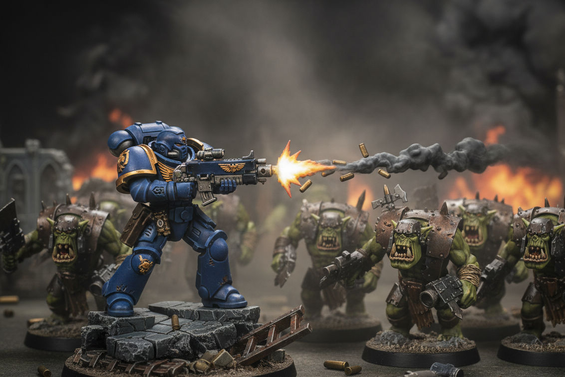 warhammer 40k space marine shooting at orks 