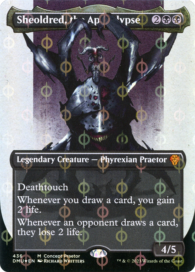 Sheoldred, the Apocalypse (Borderless Concept Praetors Step-and-Compleat Foil) [Phyrexia: All Will Be One] | Gauntlet Hobbies - Angola