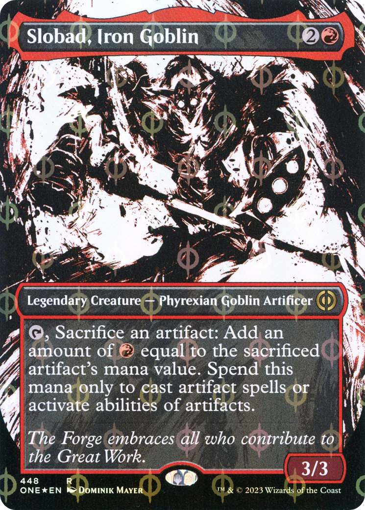 Slobad, Iron Goblin (Borderless Ichor Step-and-Compleat Foil) [Phyrexia: All Will Be One] | Gauntlet Hobbies - Angola