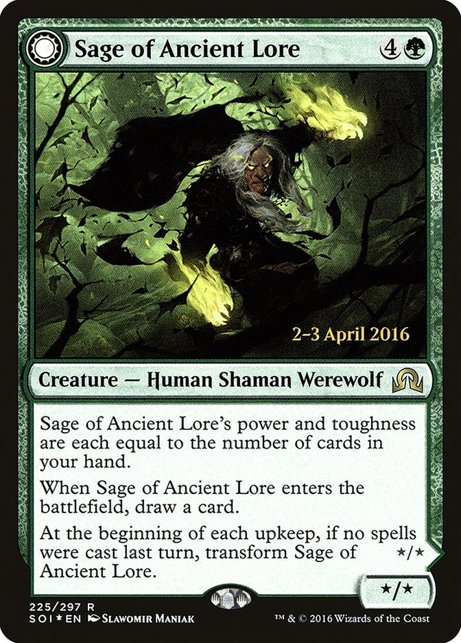 Sage of Ancient Lore // Werewolf of Ancient Hunger [Shadows over Innistrad Prerelease Promos] | Gauntlet Hobbies - Angola