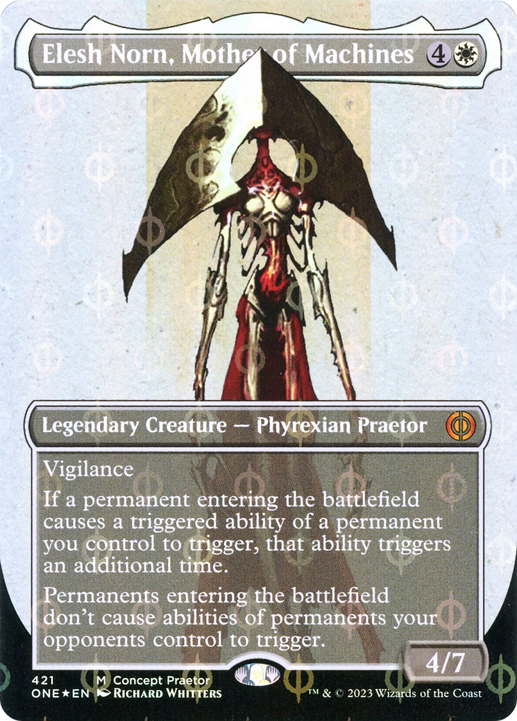 Elesh Norn, Mother of Machines (Borderless Concept Praetors Step-and-Compleat Foil) [Phyrexia: All Will Be One] | Gauntlet Hobbies - Angola