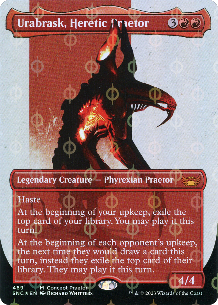 Urabrask, Heretic Praetor (Borderless Concept Praetors Step-and-Compleat Foil) [Phyrexia: All Will Be One] | Gauntlet Hobbies - Angola