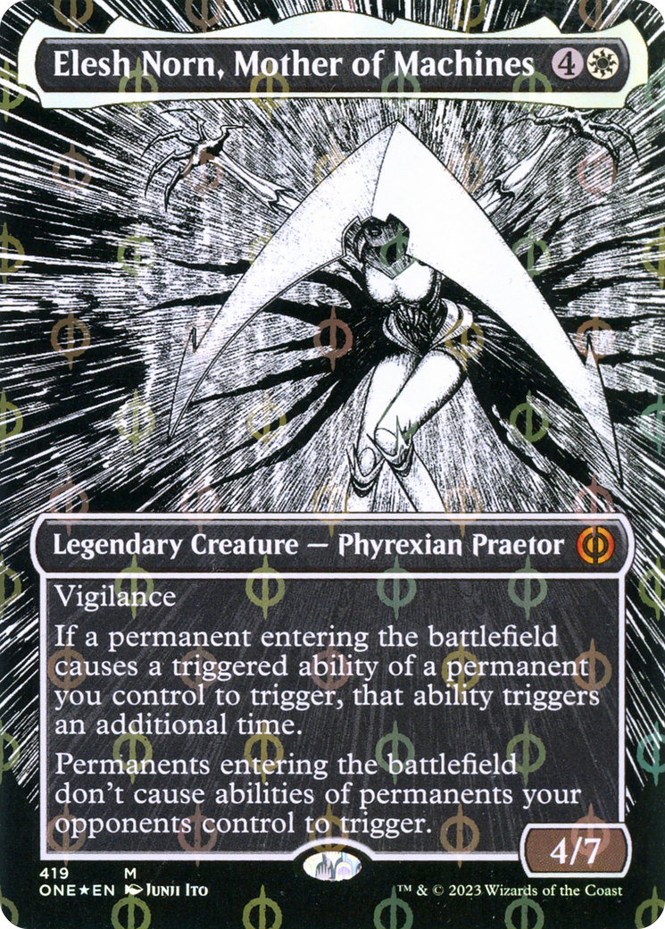 Elesh Norn, Mother of Machines (Borderless Manga Step-and-Compleat Foil) [Phyrexia: All Will Be One] | Gauntlet Hobbies - Angola