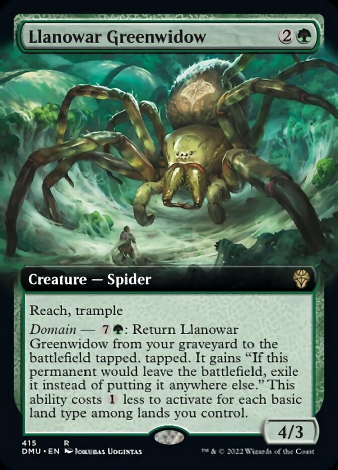 mtg dominaria green cards Llanowar Greenwidow (Extended Art) [Dominaria United]